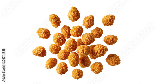 Top Down View of Crispy Golden Fried Breaded Chicken Popcorn Bites Grouped Together