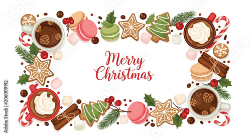 Decorative Christmas border filled with festive treats including hot cocoa mugs, gingerbread stars, colorful macarons, and candy canes on white.