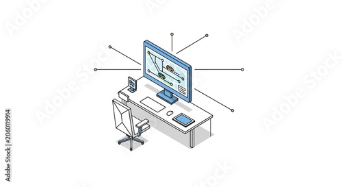 A modern office desk setup with a computer screen showing a digital network map