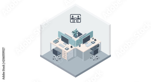 An isometric view of a modern office workspace with two desks and computers