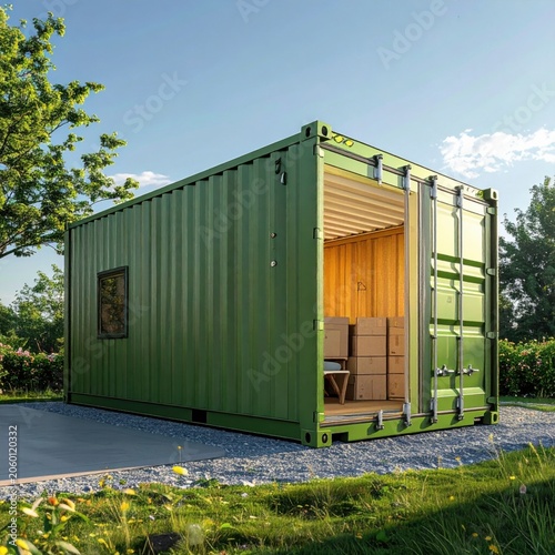 Green shipping container converted into storage unit with open door and boxes inside, suburban garden setting, logistics and housing