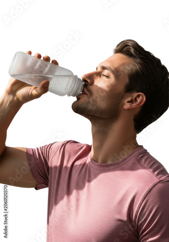 Fit caucasian man in a pink t-shirt drinks from a frosted sports bottle against a transparent background. Concept of hydration and fitness
