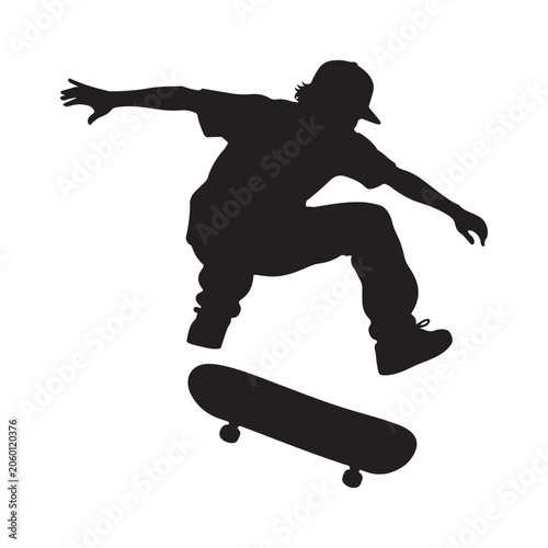 Silhouette of a skateboarder vector illustration showing a man in action jumping on a skateboard sports theme action figure in black style