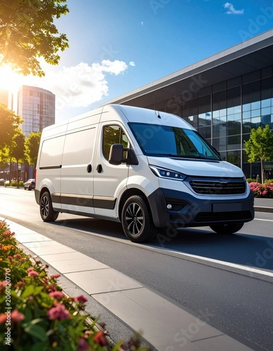 White delivery van driving on modern city street during sunny day, courier service, logistics transport, commercial fleet, urban road