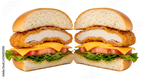 Deliciously satisfying chicken burger split in half on a white background