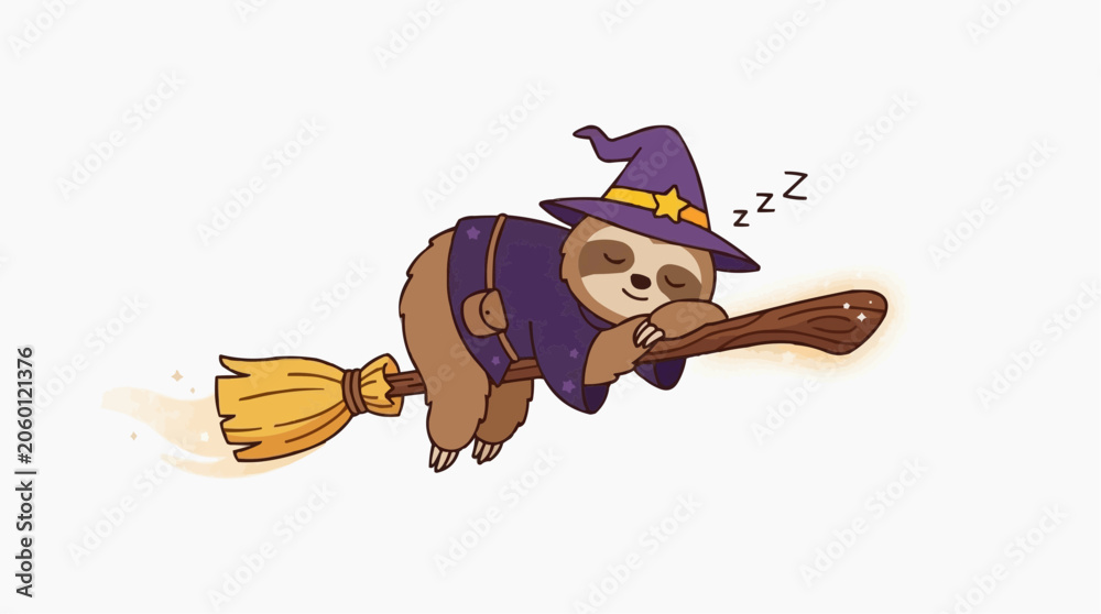 Fototapeta premium Cute cartoon sloth wizard sleeping on a broomstick flying through the night sky with stars and zzz symbols