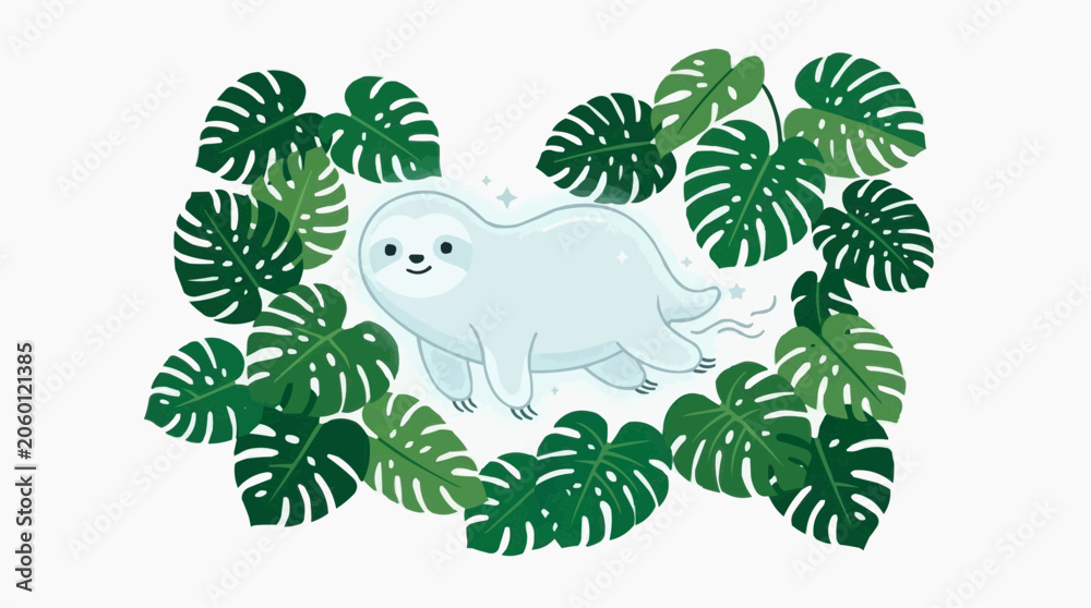 Fototapeta premium Cute cartoon sloth illustration surrounded by lush green monstera leaves with sparkling accents