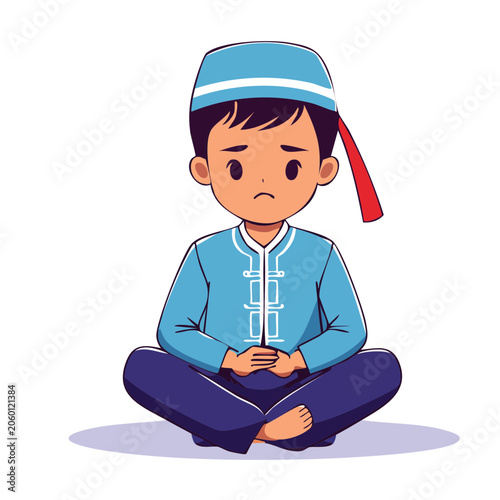 Sad boy in traditional blue clothing and cap sitting cross-legged