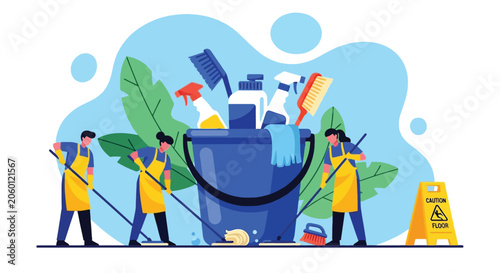 Fotografi Professional cleaning service team working together with giant bucket and supplies featuring mops and brushes and yellow caution floor sign on background