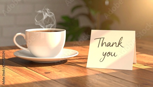 Thank You Note And Ceramic Coffee Cup In Cozy Modern Interior With Natural Morning Light