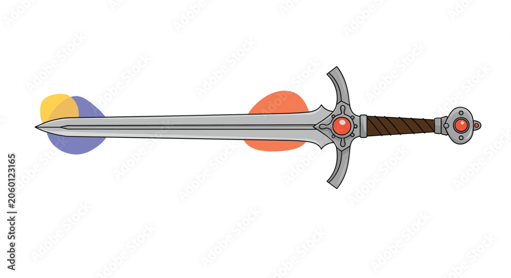 Obraz premium Elegant fantasy longsword features a silver blade and intricate hilt decorated with glowing red gemstones for a heroic warrior.