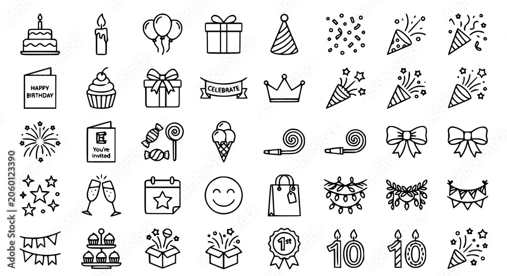 Naklejka premium Minimalist Editable Line Birthday Icons Pack Featuring Party Cake Balloons and Celebration Elements