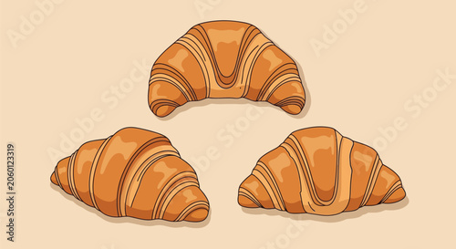 Photos Three golden brown baked croissants on beige background, classic French pastry, delicious breakfast food, top view of flaky viennoiserie