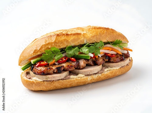 Gourmet sandwich with fresh vegetables on rustic bread.
