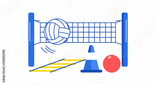Volleyball net and ball with training equipment illustration on white