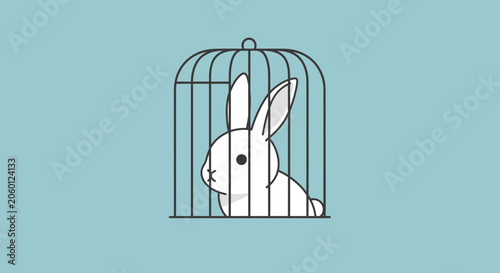 White rabbit inside a cage illustration on blue background