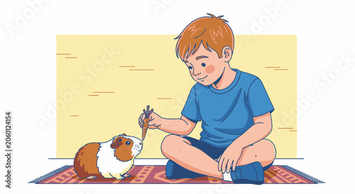 Young boy interacting with guinea pig using a carrot in a vibrant illustration