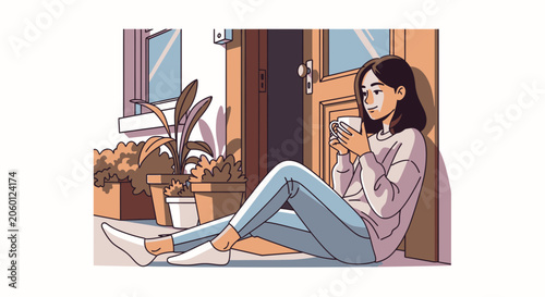 Woman enjoying coffee outdoors near doorway in sunny weather vector illustration