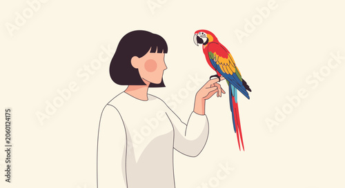 Woman interacting with colorful parrot illustration on cream background