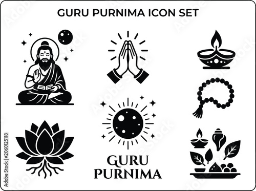 Guru Purnima Icon Set with Spiritual Hindu Symbols and Guru Meditating Vector Illustration