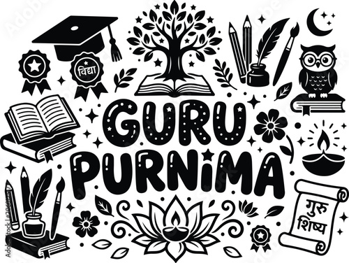 Guru Purnima Doodle Vector Illustration - Indian Teacher's Day Celebration Design with Books, Knowledge Tree, Lotus, Owl, and Traditional Education Elements