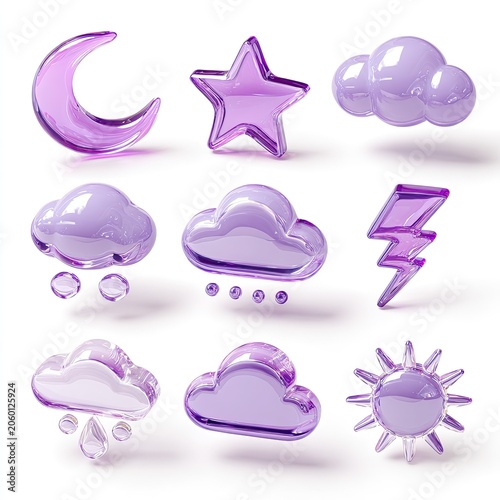 Set of Purple Translucent Weather Icons Including Moon, Star, Clouds, Lightning, and Sun.