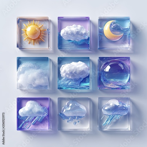 Artistic Weather Icons Encased in Crystal Cubes.