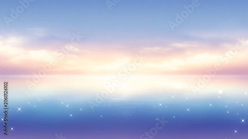 ブルーとオレンジの淡い光が空と水面に溶け合い、星のようなきらめきが漂う幻想的な抽象風景背景。やさしさと透明感に満ちたドリーミーなグラデーションビジュアル