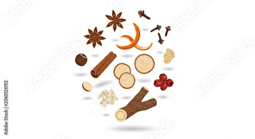 Assorted Culinary Spices and Herb Ingredients Including Cinnamon Star Anise and Cloves Floating on White Background
