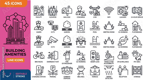 Φωτογραφία Set of forty five building amenities line icons Vector