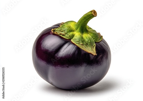 A Single Round Purple Eggplant Isolated on a White Background.