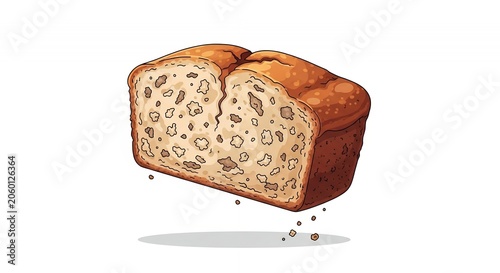 Delicious Homemade Banana Nut Bread Loaf Illustration with a Rustic Textured Slice Isolated on Plain White Background