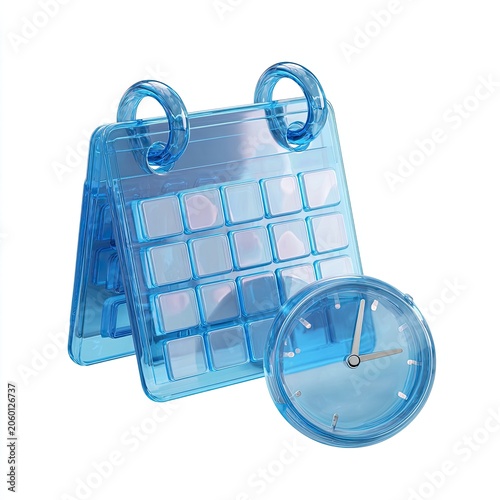 Transparent Blue Calendar and Clock Icon for Time Management.