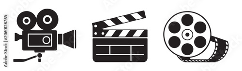 Photos Cinema icons set including camera clapperboard and film reel isolated on transparent background