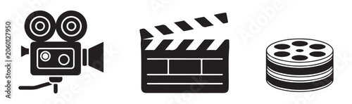 Vintage cinema equipment icons featuring old style camera film clapperboard and reel on background.