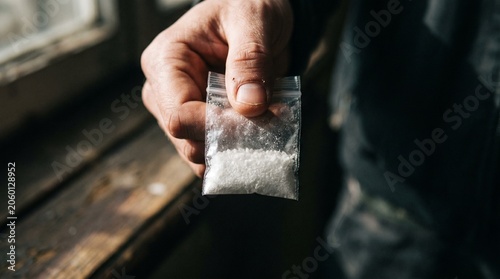 Close-up of a person's hand presenting a small plastic bag filled with a suspicious white powdery substance, commonly associated with illegal drug dealing and contraband exchange