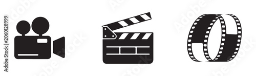 Cinema symbols vector set: video camera, clapperboard, and film reel on transparent background.