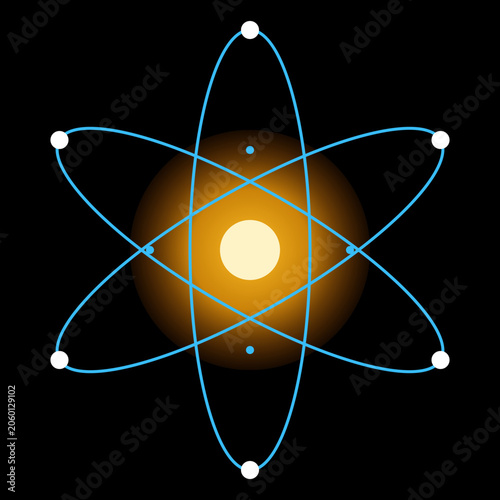 Fotografie Atomic orbital model illustration featuring glowing central nucleus with blue el