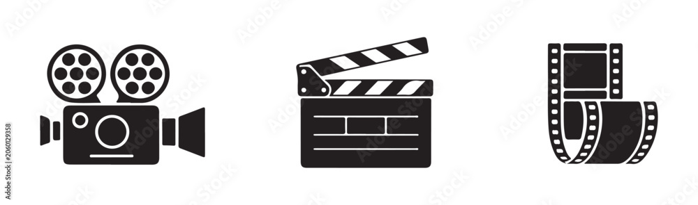 Fototapeta premium Cinematography equipment icons featuring retro recording camera clapperboard and film reel strip.