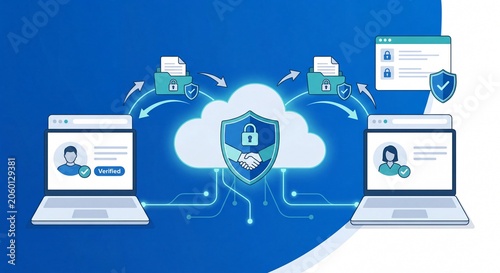 Secure digital data transfer and verification concept with cloud technology secure handshake verified user profiles and encrypted file folders representing cybersecurity