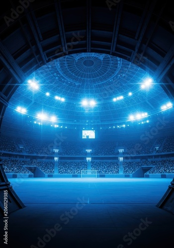 Modern Indoor Sports Arena with Glowing Blue Dome Roof and Professional Football Field