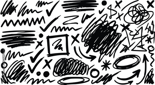 Schilderij op canvas Scribble vector illustration set featuring hand drawn ink marks arrows checkmark