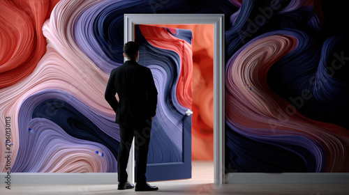 Surreal doorway abstract swirl vivid color lucid dream photorealistic alternate universe man silhouette dark suit open door fantasy interior surreal doorway opens to swirling abstract color wall