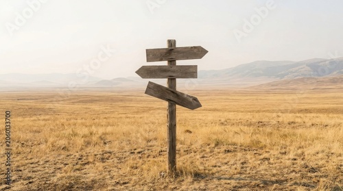 Wooden signpost with three blank directional arrows in a dry, barren desert landscape