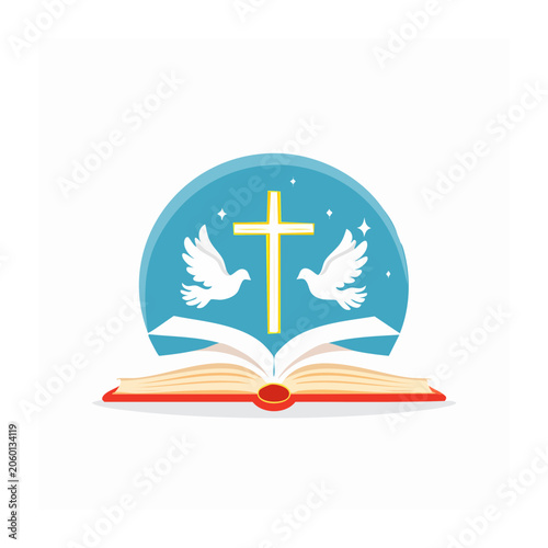 Christian cross, doves, and open bible illustration