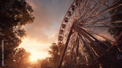 Golden Hour Glow Over a Majestic Ferris Wheel Amidst Lush Greenery
