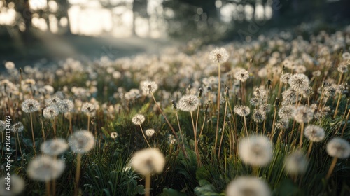 Sunlit field of fluffy dandelion seeds gently swaying in the breeze during a peaceful morning