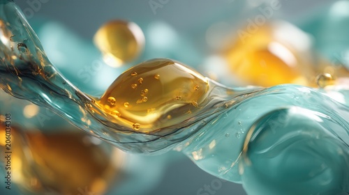 Abstract Close-up of Flowing Liquids with Golden Bubbles and Turquoise Swirls, Representing Dynamic Motion and Luxurious Texture