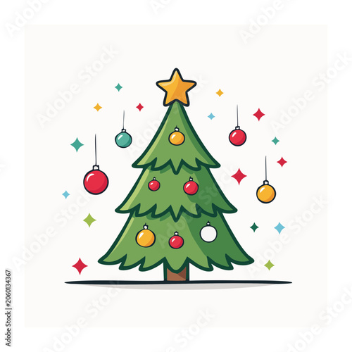 Flat Christmas tree with ornaments and star