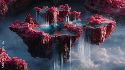 Surreal floating islands with pink vegetation and cascading waterfalls, a mystical dreamscape in the clouds
